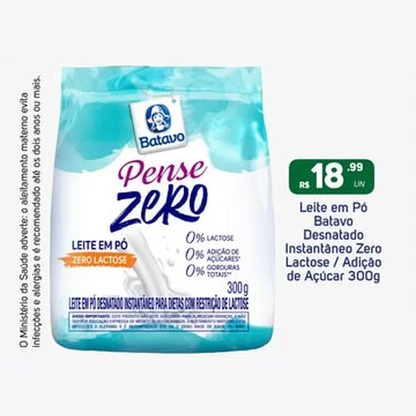 Leite em Pó Desnatado Instantâneo Zero Lactose Batavo 300 g