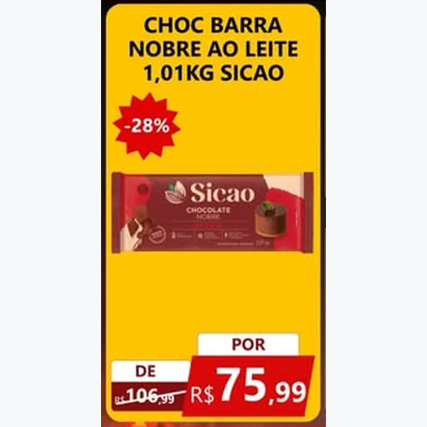 Chocolate Barra Nobre ao Leite Sicao 1,01 kg