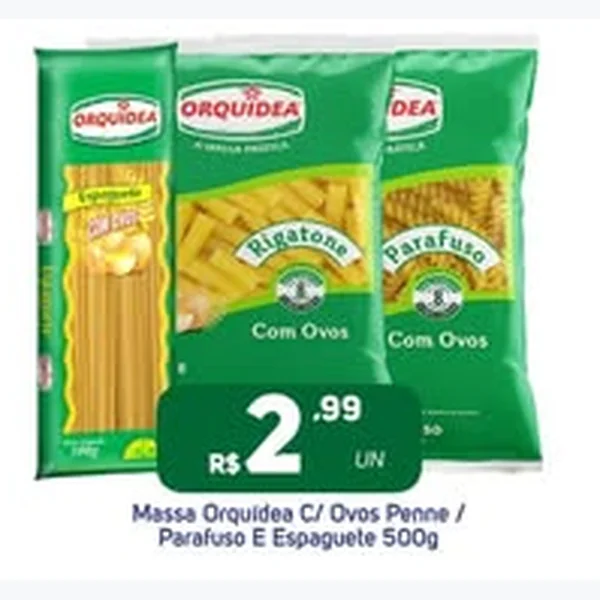 Recorte do encarte de Massa Penne com Ovos Orquidea 500 g