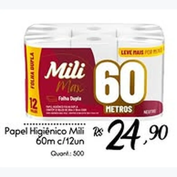 Papel Higiênico Folha Dupla Mili Max 12 un × 60 un