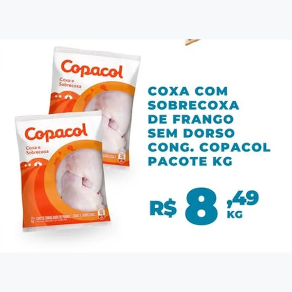 Recorte do encarte de Coxa com Sobrecoxa de Frango sem Dorso Congelado Copacol