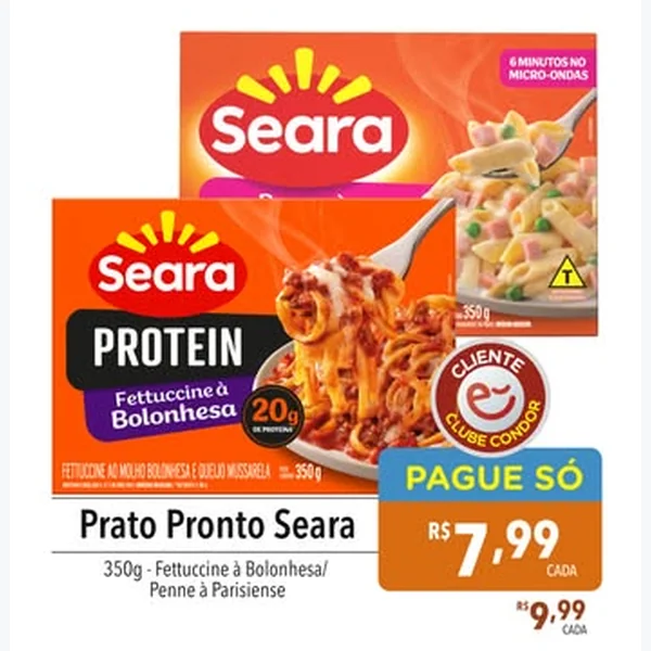 Recorte do encarte de Prato Pronto Fettuccine À Bolonhesa Seara 350 g