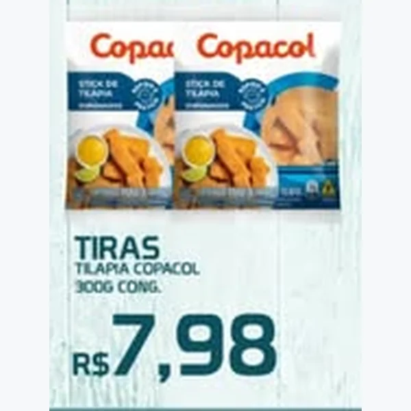 Recorte do encarte de Tiras Tilápia Cong. Copacol 300 g
