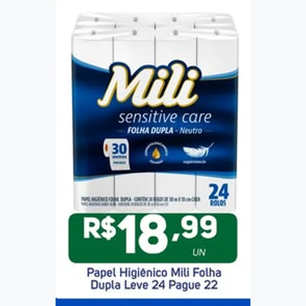 Recorte do encarte de Papel Higiênico Folha Dupla Sensitive Care Mili 24 un × 30 un