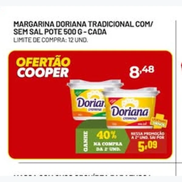 Recorte do encarte de Margarina Tradicional Com/sem Sal Doriana 500 g