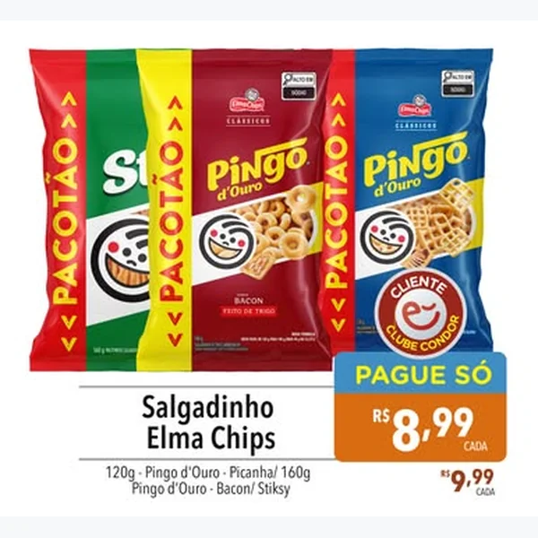 Recorte do encarte de Salgadinho Bacon Elma Chips 160 g