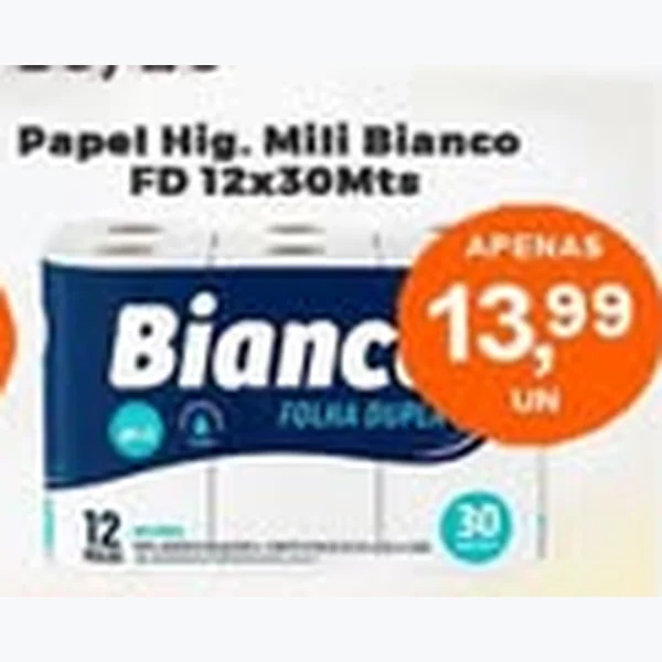 Recorte do encarte de Papel Higiênico Bianco Folha Dupla Mili 12 un × 30 un