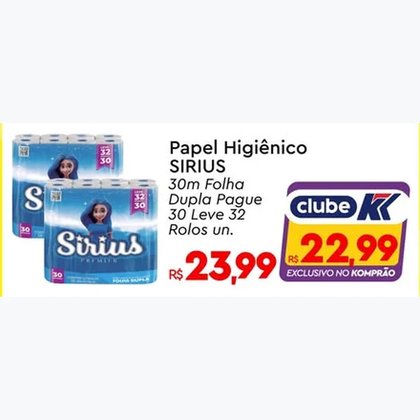 Papel Higiênico Folha Dupla Sirius 32 un × 30 un