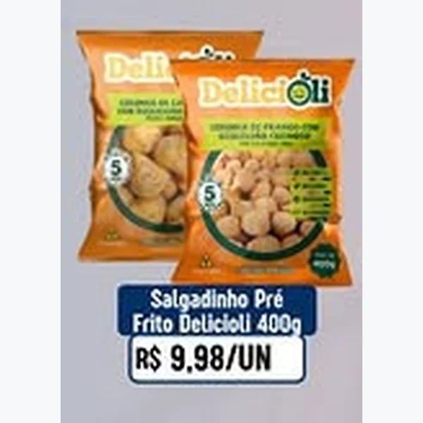 Recorte do encarte de Salgadinho Pré Frito Delicioli 400 g