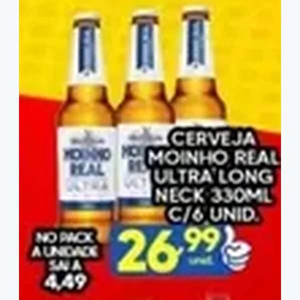 Recorte do encarte de Cerveja Ultra Long Neck Moinho Real 6 un × 330 ml