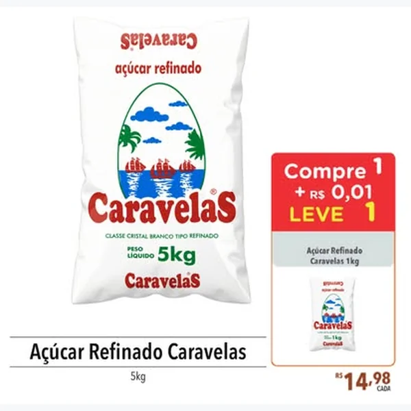 Recorte do encarte de Açúcar Refinado Caravelas 5 kg